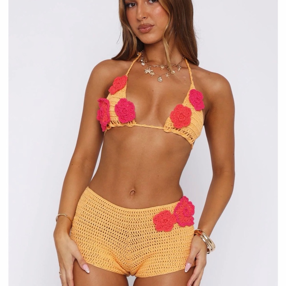 Orange Crochet Bikini Set with Pink Accents